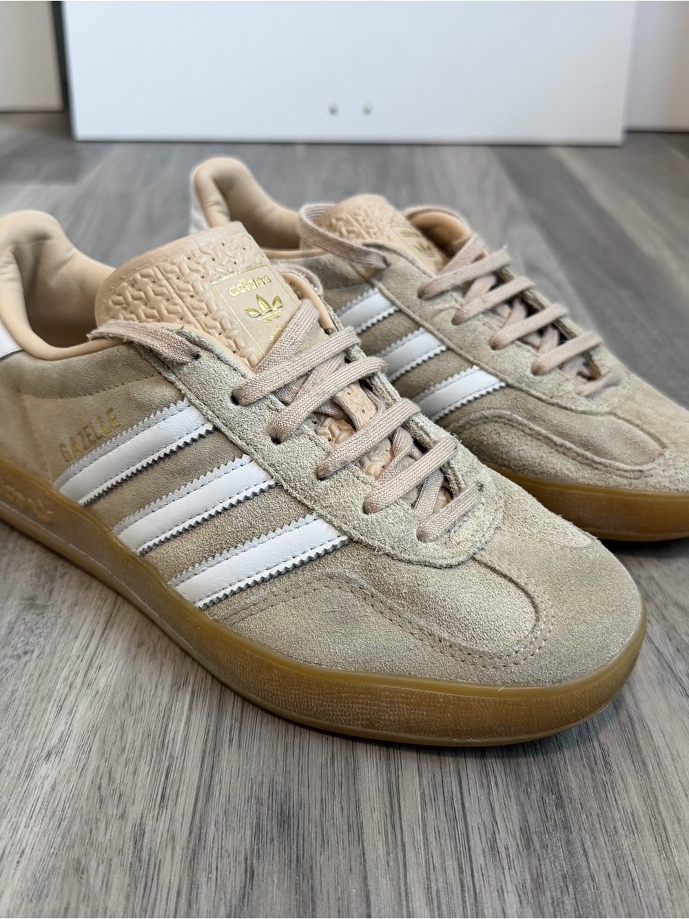 adidas Women's Beige Suede Sneakers with White Stripes